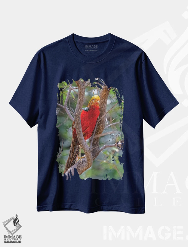 تیشرت سرمه ای طرح دار New Mexico, Alamogordo, Alameda Park Zoo. Golden Male Pheasant In Tree.,قرقاول نر طلایی بر درخت اثر جینز گالری