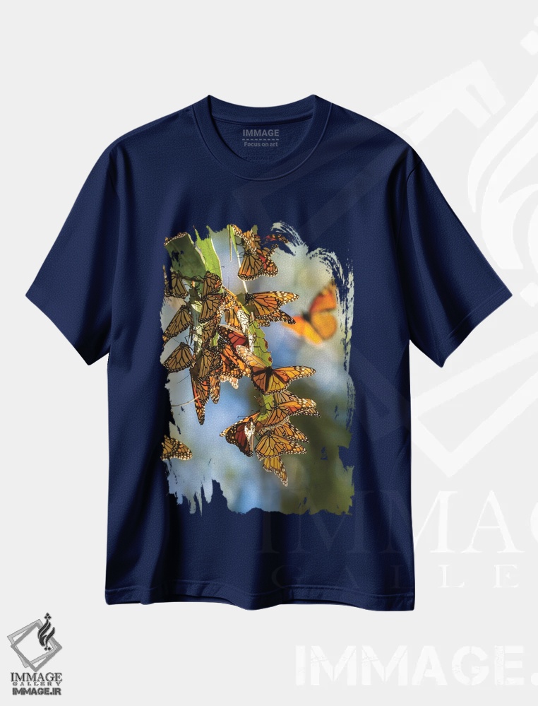 تیشرت سرمه ای طرح دار California, San Luis Obispo County. Clustering Monarch Butterflies On Branches.,آمریکا، کالیفرنیا، شهرستان سن لوئیس اوبیسپو. اجتماع پروانه های سلطنتی روی شاخه ها اثر جینز گالری