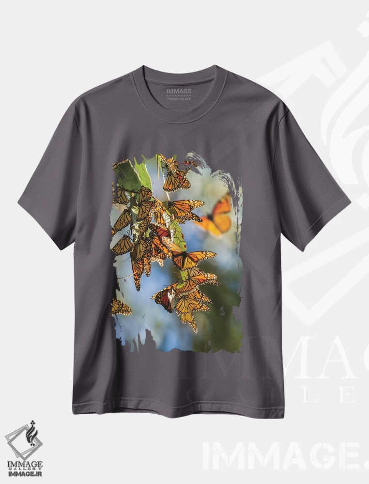 تیشرت طوسی طرح دار California, San Luis Obispo County. Clustering Monarch Butterflies On Branches.,آمریکا، کالیفرنیا، شهرستان سن لوئیس اوبیسپو. اجتماع پروانه های سلطنتی روی شاخه ها اثر جینز گالری