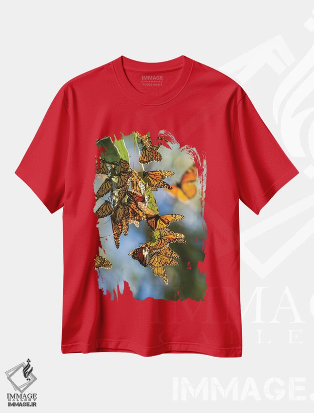 تیشرت قرمز طرح دار California, San Luis Obispo County. Clustering Monarch Butterflies On Branches.,آمریکا، کالیفرنیا، شهرستان سن لوئیس اوبیسپو. اجتماع پروانه های سلطنتی روی شاخه ها اثر جینز گالری