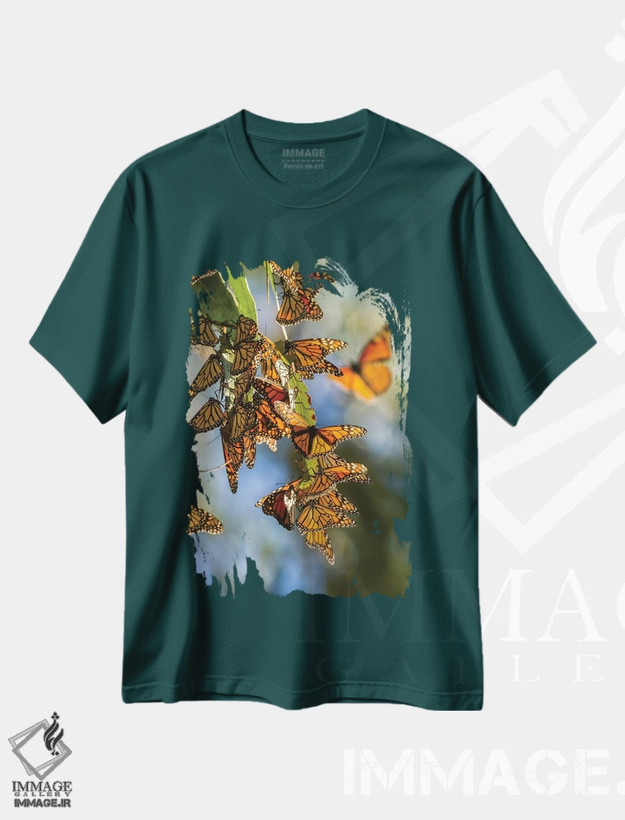 تیشرت سبز طرح دار California, San Luis Obispo County. Clustering Monarch Butterflies On Branches.,آمریکا، کالیفرنیا، شهرستان سن لوئیس اوبیسپو. اجتماع پروانه های سلطنتی روی شاخه ها اثر جینز گالری