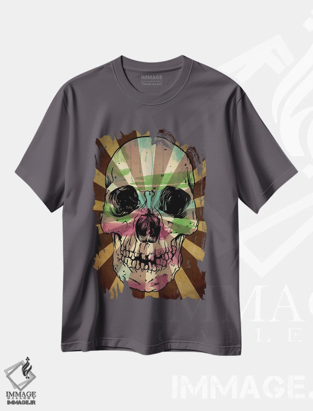 تیشرت طوسی طرح دار جمجمه آبرنگی آفتاب تابان اثر فایو بای فایو کالکتیو