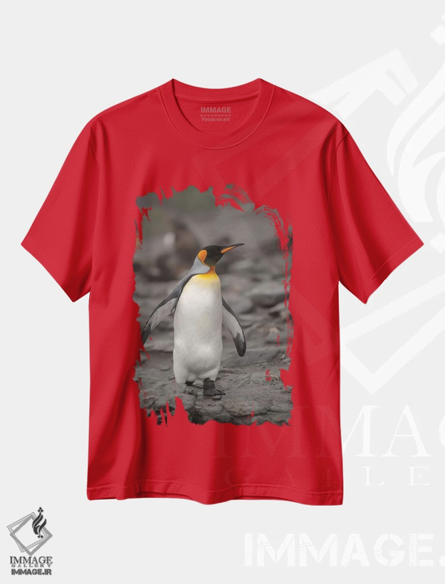 تیشرت قرمز طرح دار King Penguin, walking,جنوبگان، پنگوئن پادشاه، در حال راه رفتن اثر جورج تئودور