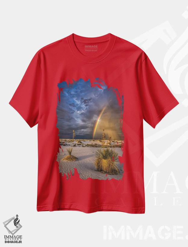 تیشرت قرمز طرح دار New Mexico, White Sands National Park. Thunderstorm Rainbow Over Desert.,رنگین کمان طوفان بر فراز بیابان اثر جینز گالری