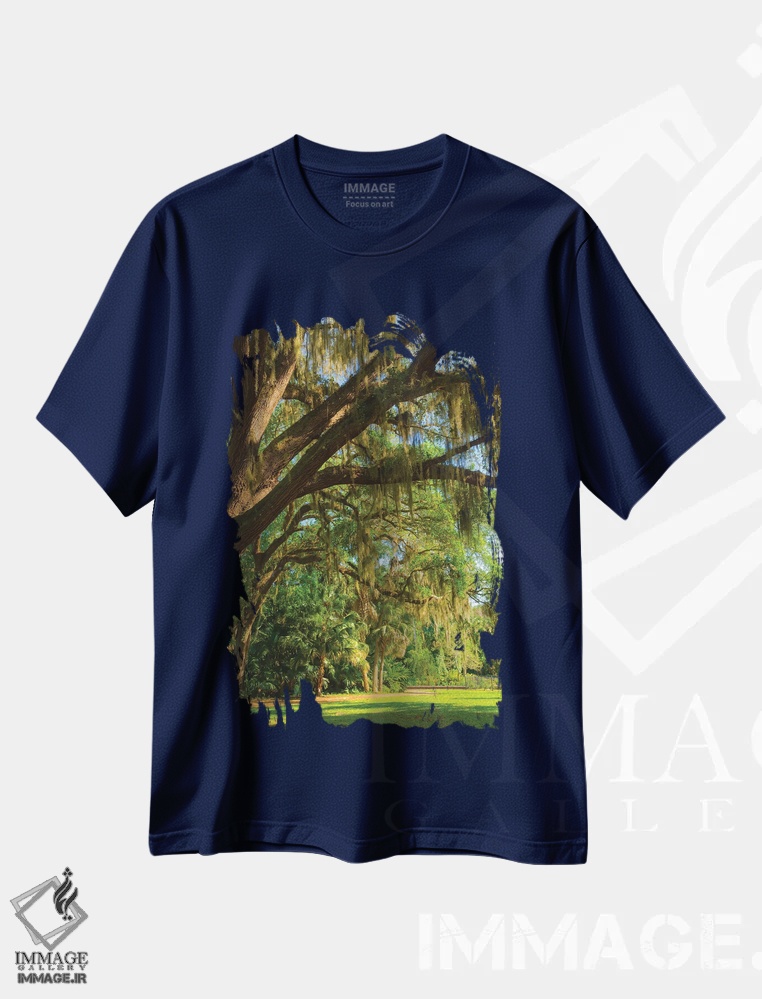 تیشرت سرمه ای طرح دار Florida. Tropical garden with palm trees and living oak covered in Spanish moss.,ایالات متحده، فلوریدا. باغ گرمسیری با نخل و بلوط زنده پوشیده از خزه اسپانیایی اثر آنا میلر