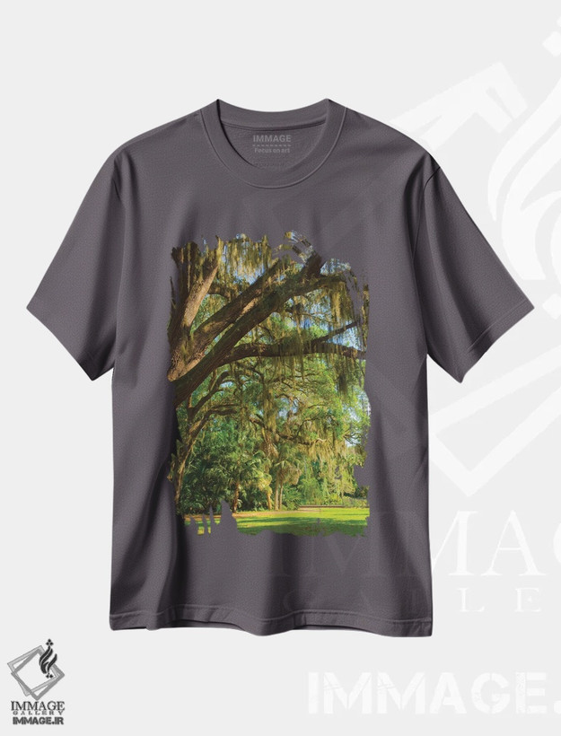 تیشرت طوسی طرح دار Florida. Tropical garden with palm trees and living oak covered in Spanish moss.,ایالات متحده، فلوریدا. باغ گرمسیری با نخل و بلوط زنده پوشیده از خزه اسپانیایی اثر آنا میلر