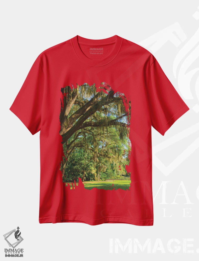 تیشرت قرمز طرح دار Florida. Tropical garden with palm trees and living oak covered in Spanish moss.,ایالات متحده، فلوریدا. باغ گرمسیری با نخل و بلوط زنده پوشیده از خزه اسپانیایی اثر آنا میلر