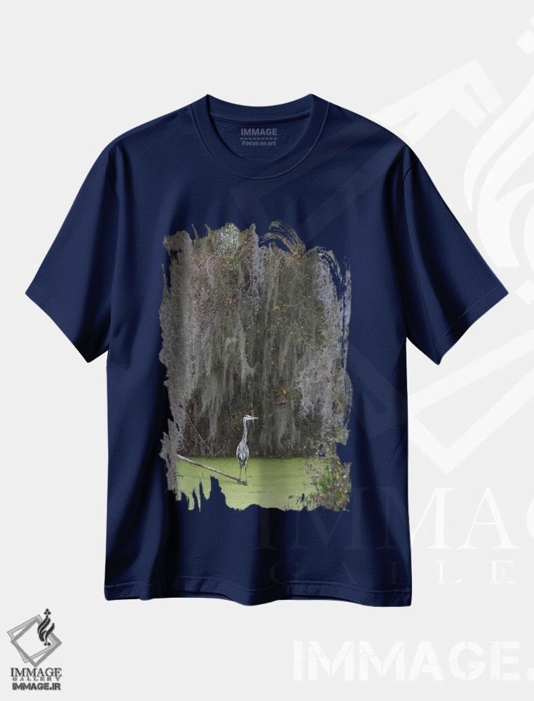 تیشرت سرمه ای طرح دار Spanish Moss,حواصیل آبی بزرگ، خزه اسپانیایی اثر کن آرچر