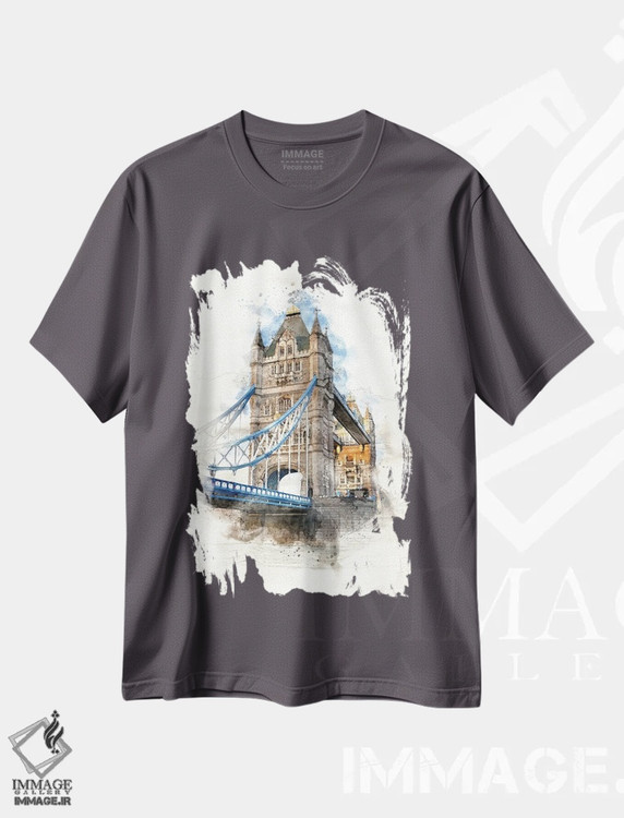 تیشرت طوسی طرح دار London, Watercolour,آبرنگ پل تاور بریج لندن اثر جین ریکس