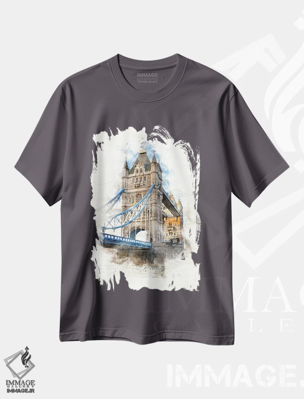 تیشرت طوسی طرح دار London, Watercolour,آبرنگ پل تاور بریج لندن اثر جین ریکس