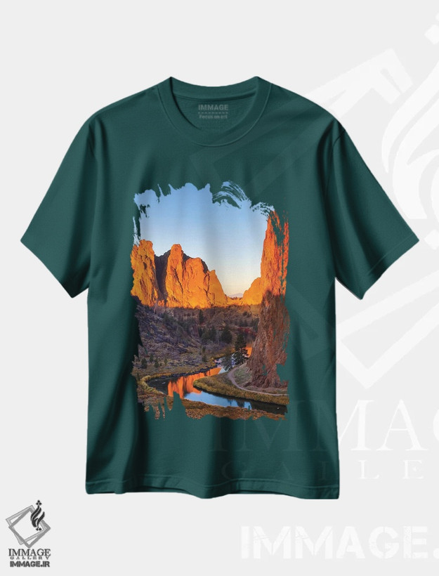 تیشرت سبز طرح دار Oregon, Bend. Smith Rock State Park, rock and reflections,آمریکا، اورگن، بند، پارک ایالتی اسمیت راک، سنگ و بازتاب ها اثر هولیس لونی