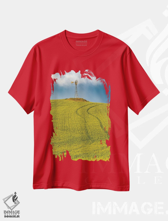 تیشرت قرمز طرح دار Washington State, Palouse, Colfax. Green Fields Of Wheat Windmills,. Weather Vane.,ایالات متحده، واشنگتن، پلوُس، کالفاکس. مزارع سبز گندم، آسیاب بادی، بادنما. اثر امیلی ام ویلسون