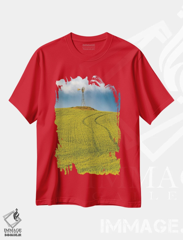 تیشرت قرمز طرح دار Washington State, Palouse, Colfax. Green Fields Of Wheat Windmills,. Weather Vane.,ایالات متحده، واشنگتن، پلوُس، کالفاکس. مزارع سبز گندم، آسیاب بادی، بادنما. اثر امیلی ام ویلسون