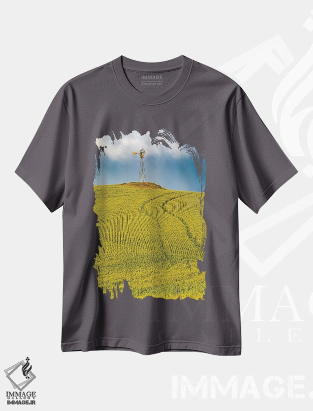 تیشرت طوسی طرح دار Washington State, Palouse, Colfax. Green Fields Of Wheat Windmills,. Weather Vane.,ایالات متحده، واشنگتن، پلوُس، کالفاکس. مزارع سبز گندم، آسیاب بادی، بادنما. اثر امیلی ام ویلسون