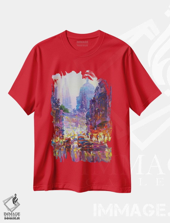 تیشرت قرمز طرح دار چراغ های شهر در شب اثر آندره اوستاپچوک