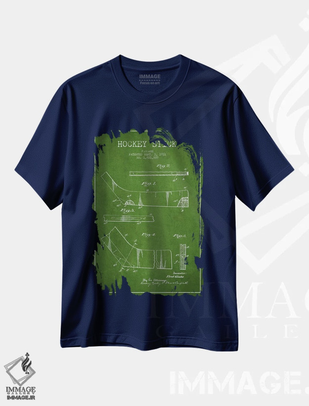 تیشرت سرمه ای طرح دار نقشهٔ ثبت اختراع چوب هاکی اثر پیکسل کهنه
