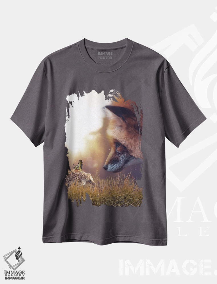 تیشرت طوسی طرح دار The Red Fox And The Yellow Butterfly,جوجه تیغی، روباه قرمز و پروانه زرد اثر جن زد