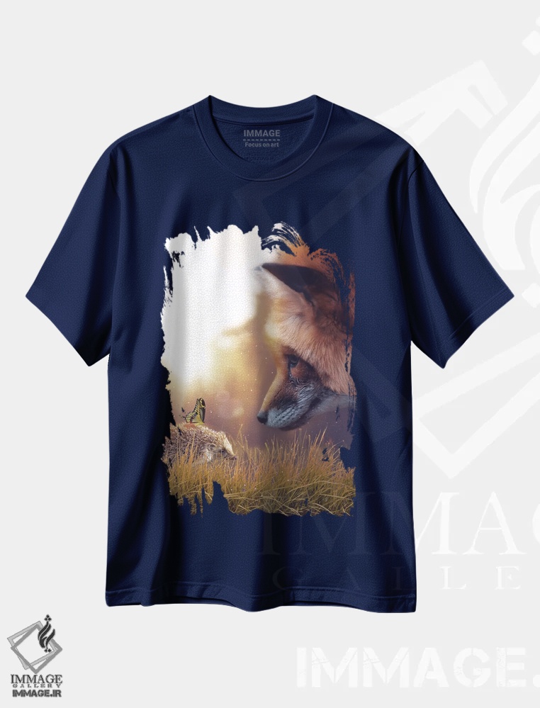 تیشرت سرمه ای طرح دار The Red Fox And The Yellow Butterfly,جوجه تیغی، روباه قرمز و پروانه زرد اثر جن زد