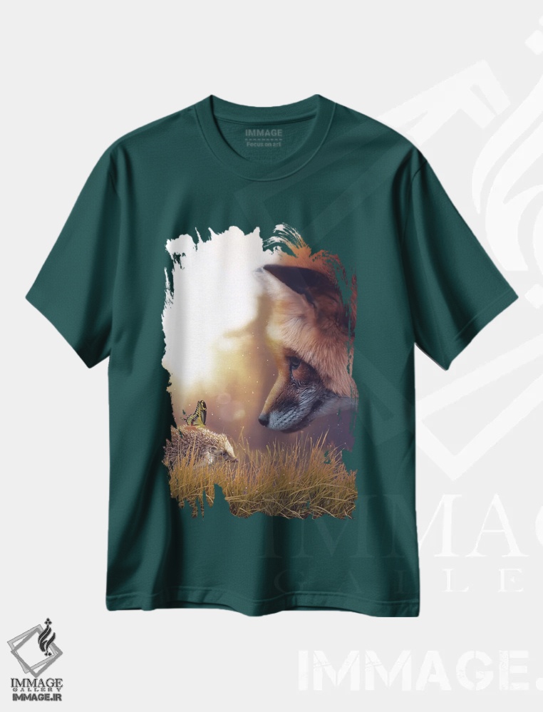 تیشرت سبز طرح دار The Red Fox And The Yellow Butterfly,جوجه تیغی، روباه قرمز و پروانه زرد اثر جن زد