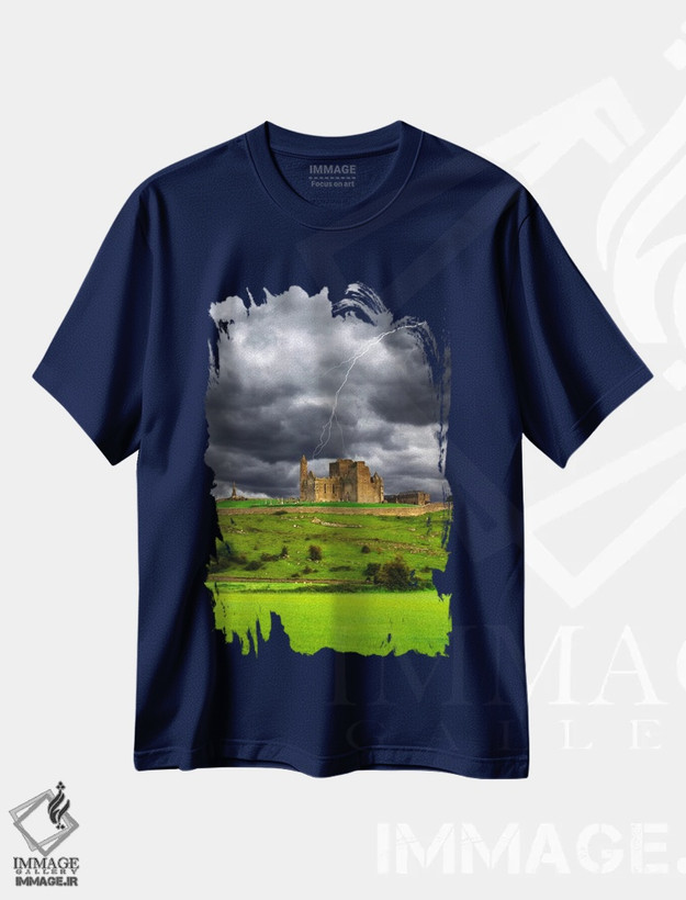 تیشرت سرمه ای طرح دار County Tipperary, Munster Province, Republic Of Ireland,صاعقه بر فراز صخرهٔ کشل، شهرستان تیپراری، استان مانستر، جمهوری ایرلند اثر دنیس فلهرتی