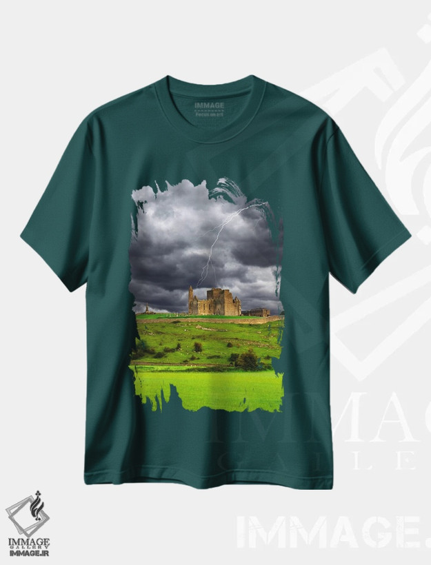 تیشرت سبز طرح دار County Tipperary, Munster Province, Republic Of Ireland,صاعقه بر فراز صخرهٔ کشل، شهرستان تیپراری، استان مانستر، جمهوری ایرلند اثر دنیس فلهرتی