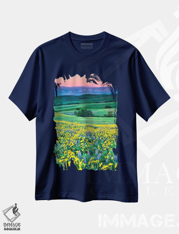 تیشرت سرمه ای طرح دار Oregon, Columbia River Gorge landscape of field and Mt. Hood,آمریکا، اورگن، چشم انداز دره رودخانه کلمبیا، مزرعه و کوه هود اثر هولیس لونی