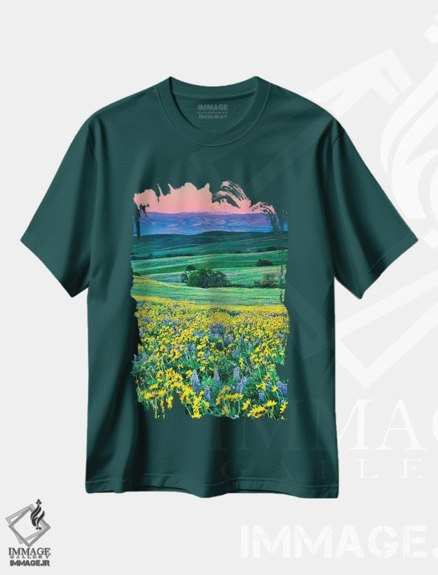 تیشرت سبز طرح دار Oregon, Columbia River Gorge landscape of field and Mt. Hood,آمریکا، اورگن، چشم انداز دره رودخانه کلمبیا، مزرعه و کوه هود اثر هولیس لونی