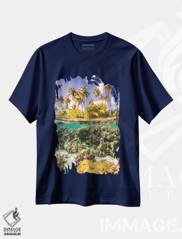 تیشرت سرمه ای طرح دار Taha'a Under/Above Water Split Of Coral And Palm Trees,ترکیب زیر و بالای آب از مرجان و درختان نخل اثر جینز گالری