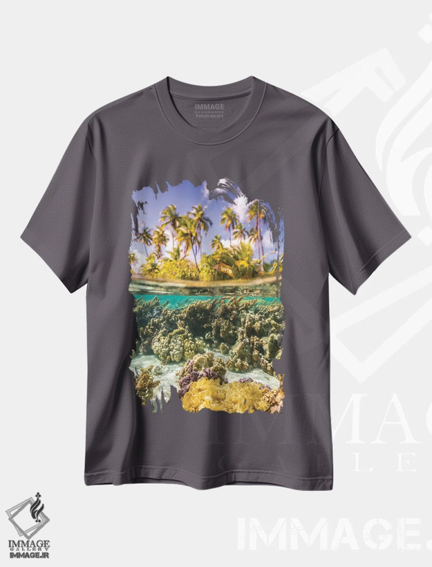 تیشرت طوسی طرح دار Taha'a Under/Above Water Split Of Coral And Palm Trees,ترکیب زیر و بالای آب از مرجان و درختان نخل اثر جینز گالری