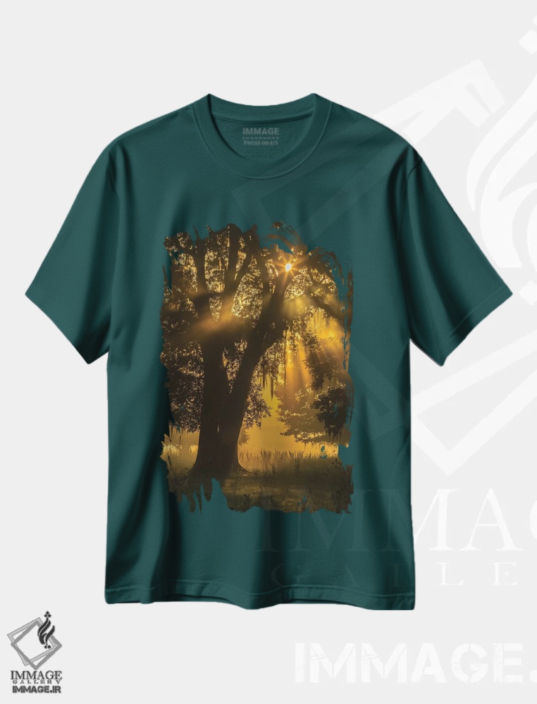 تیشرت سبز طرح دار Louisiana, Lake Martin. Tree silhouette in foggy sunrise.,آمریکا، لوییزیانا، دریاچه مارتین. سیلوئت درخت در طلوع مه آلود اثر جینز گالری