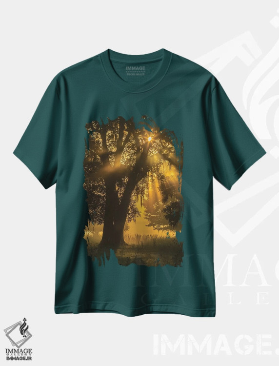 تیشرت سبز طرح دار Louisiana, Lake Martin. Tree silhouette in foggy sunrise.,آمریکا، لوییزیانا، دریاچه مارتین. سیلوئت درخت در طلوع مه آلود اثر جینز گالری