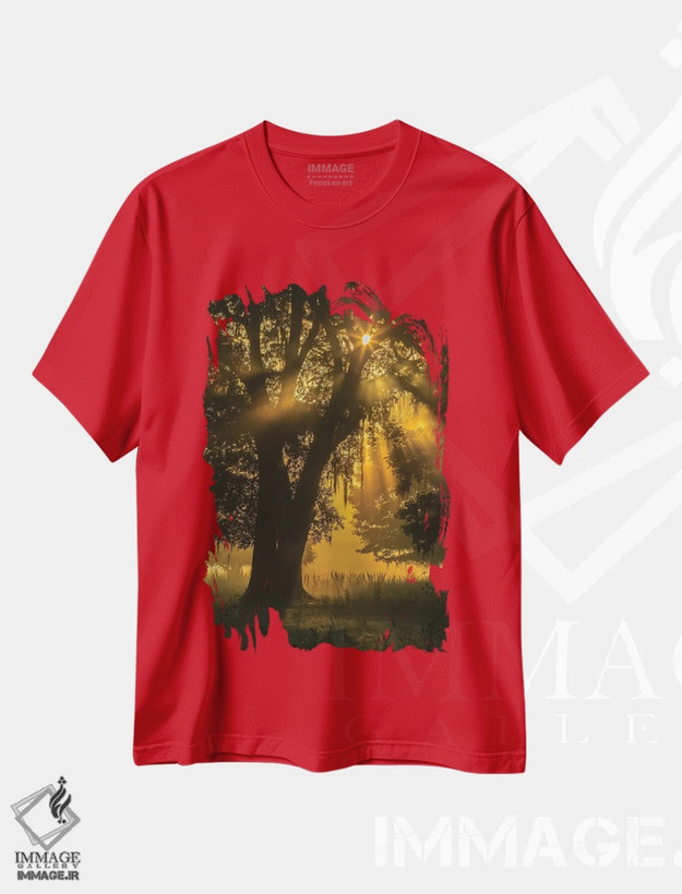 تیشرت قرمز طرح دار Louisiana, Lake Martin. Tree silhouette in foggy sunrise.,آمریکا، لوییزیانا، دریاچه مارتین. سیلوئت درخت در طلوع مه آلود اثر جینز گالری