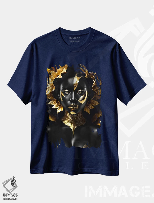 تیشرت سرمه ای طرح دار Black And Gold Background,زن با پوست سیاه و آرایش طلایی، زمینه سیاه و طلایی اثر آدریان ویریو