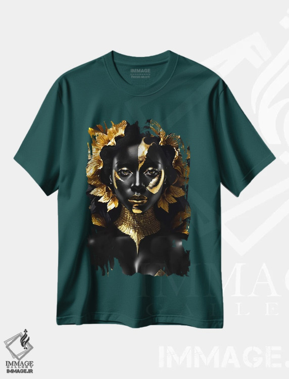 تیشرت سبز طرح دار Black And Gold Background,زن با پوست سیاه و آرایش طلایی، زمینه سیاه و طلایی اثر آدریان ویریو