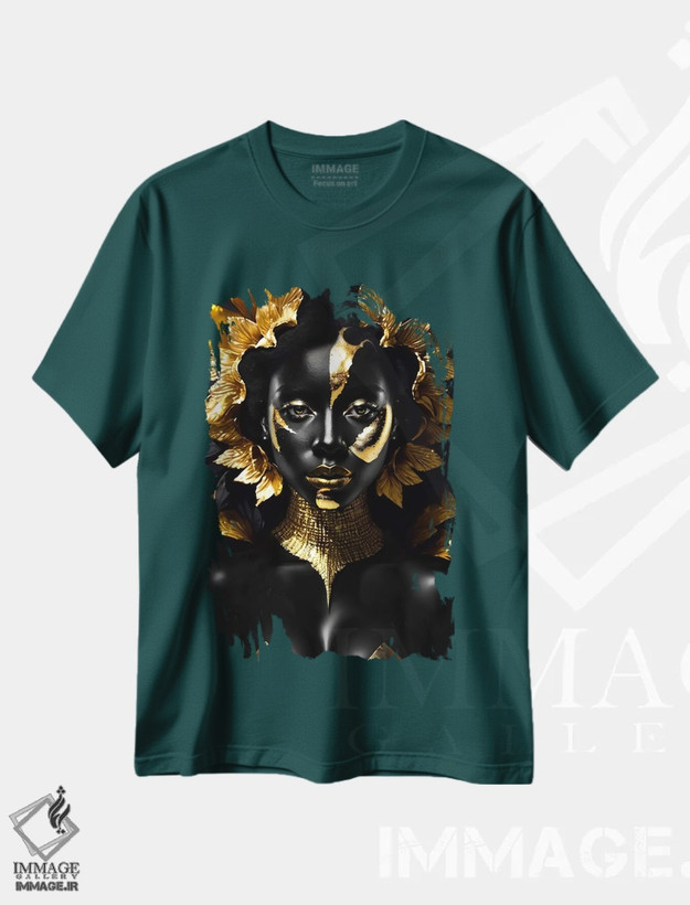تیشرت سبز طرح دار Black And Gold Background,زن با پوست سیاه و آرایش طلایی، زمینه سیاه و طلایی اثر آدریان ویریو