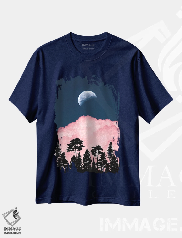 تیشرت سرمه ای طرح دار Pink Cloud And Forest Silhouette,ماه کامل، ابر صورتی و سایه جنگل اثر جن زد