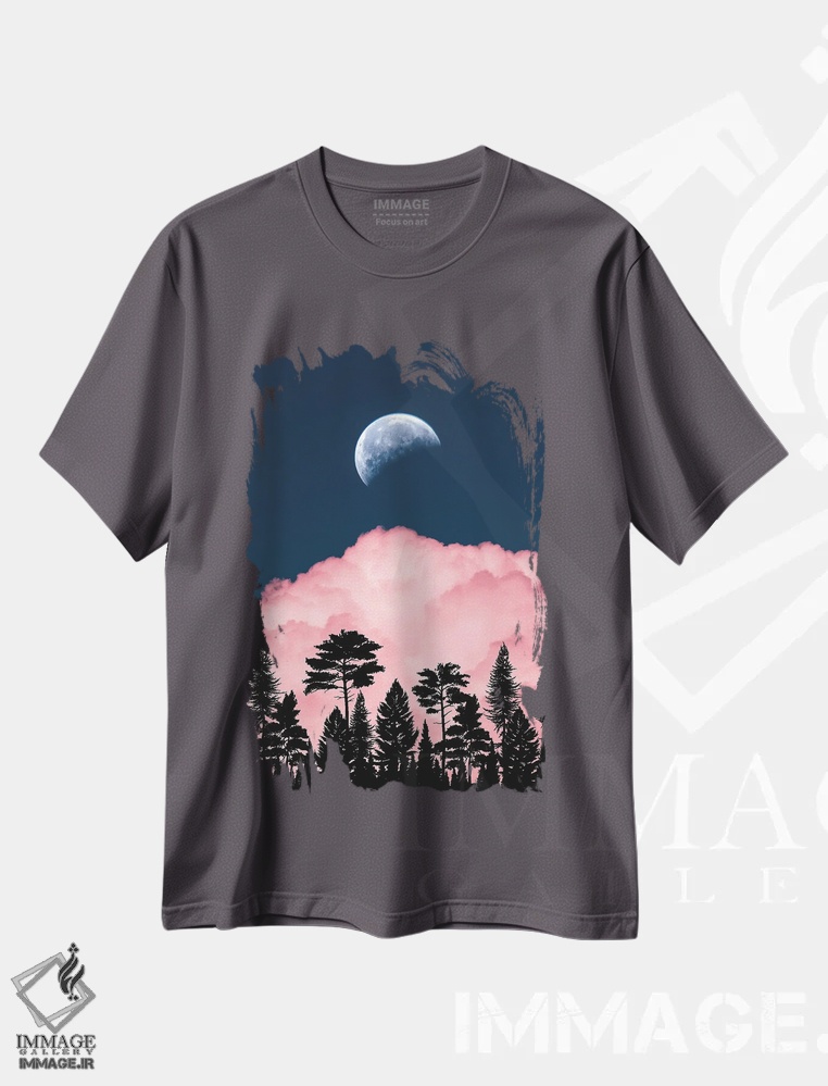 تیشرت طوسی طرح دار Pink Cloud And Forest Silhouette,ماه کامل، ابر صورتی و سایه جنگل اثر جن زد