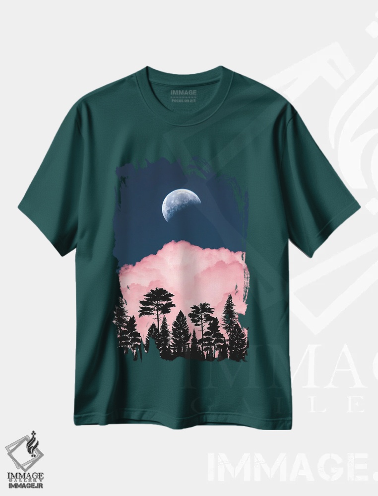 تیشرت سبز طرح دار Pink Cloud And Forest Silhouette,ماه کامل، ابر صورتی و سایه جنگل اثر جن زد