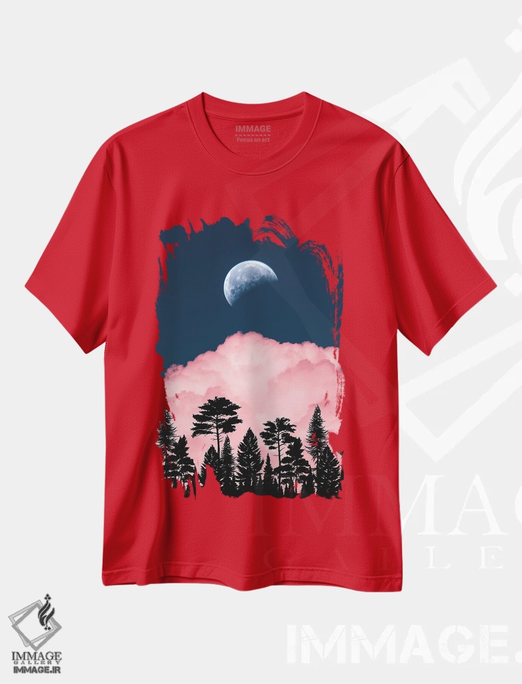 تیشرت قرمز طرح دار Pink Cloud And Forest Silhouette,ماه کامل، ابر صورتی و سایه جنگل اثر جن زد