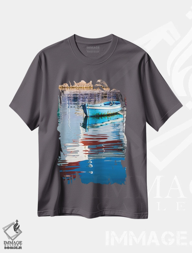 تیشرت طوسی طرح دار Mykonos, Hora, Fishing Boat and Reflection of a Church in the Water,یونان، میکونوس، هورا، قایق ماهیگیری و بازتاب کلیسا در آب اثر هولیس لونی