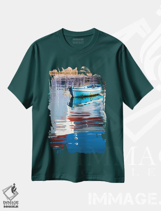تیشرت سبز طرح دار Mykonos, Hora, Fishing Boat and Reflection of a Church in the Water,یونان، میکونوس، هورا، قایق ماهیگیری و بازتاب کلیسا در آب اثر هولیس لونی