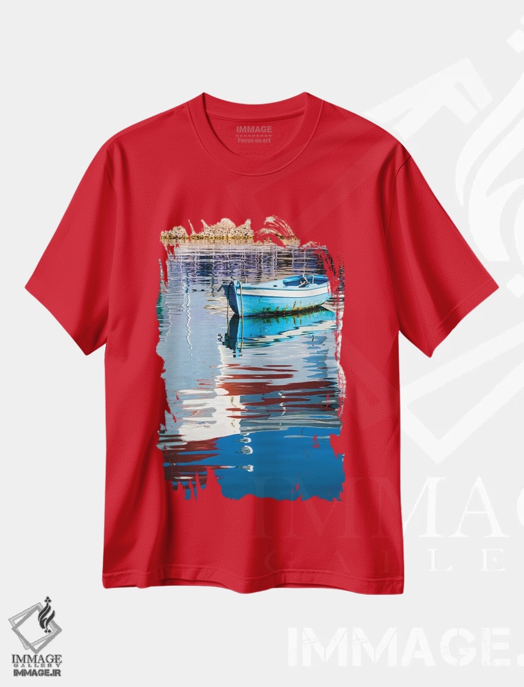 تیشرت قرمز طرح دار Mykonos, Hora, Fishing Boat and Reflection of a Church in the Water,یونان، میکونوس، هورا، قایق ماهیگیری و بازتاب کلیسا در آب اثر هولیس لونی