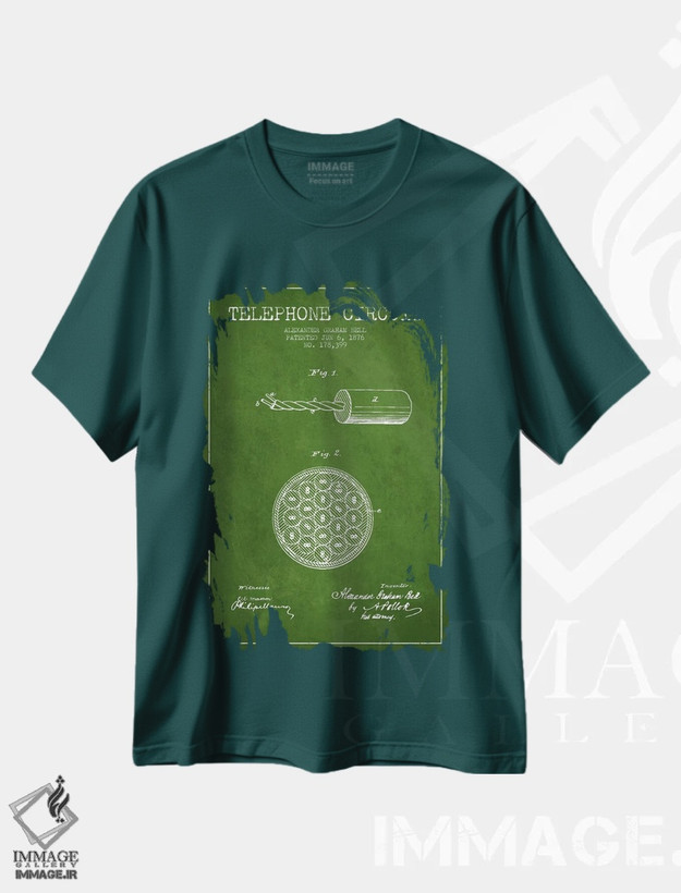 تیشرت سبز طرح دار نقشهٔ اختراع مدار تلفن اثر پیکسل کهنه