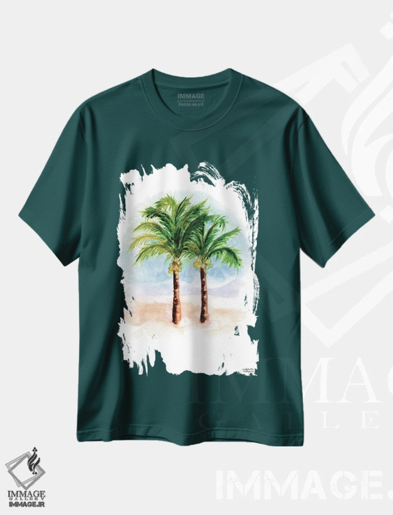 تیشرت سبز طرح طبیعت ,درختان نخل نارگیل آبرنگ اثر میشل موسپنس