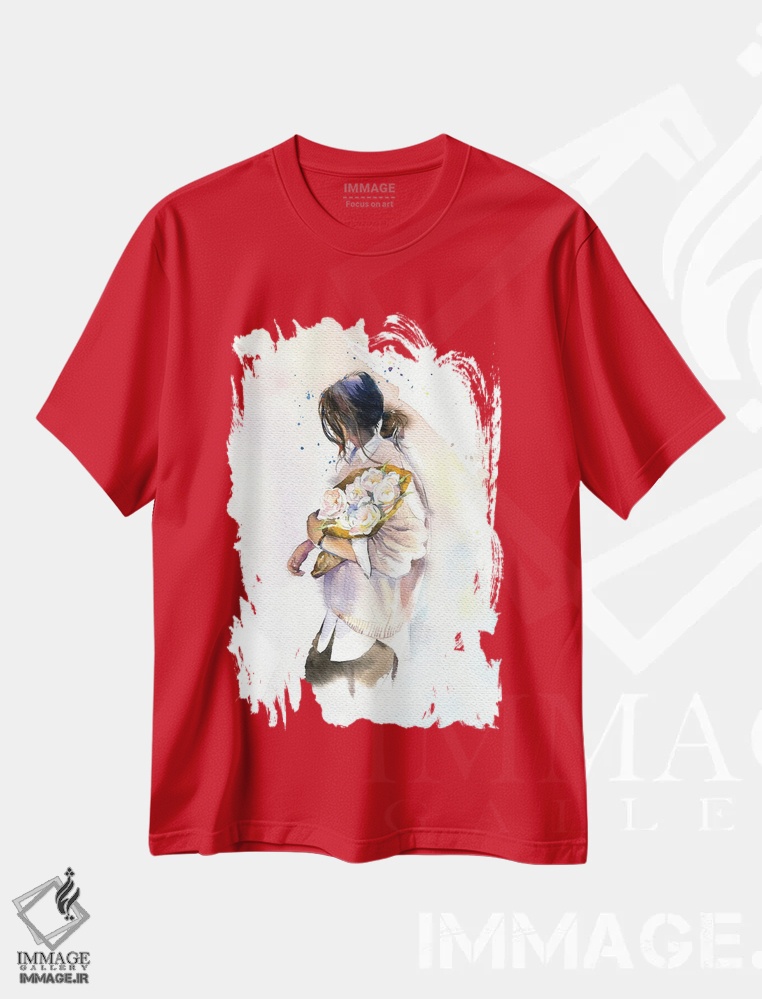 تیشرت قرمز طرح دار دختر با گل ها اثر مارینا ایگناتووا