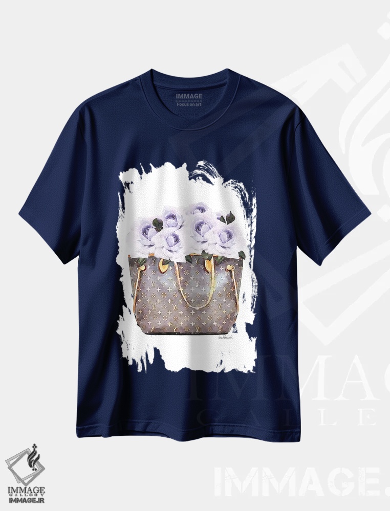 تیشرت سرمه ای طرح دار کیف قهوه ای پر از رز بنفش اثر آماندا گرینوود