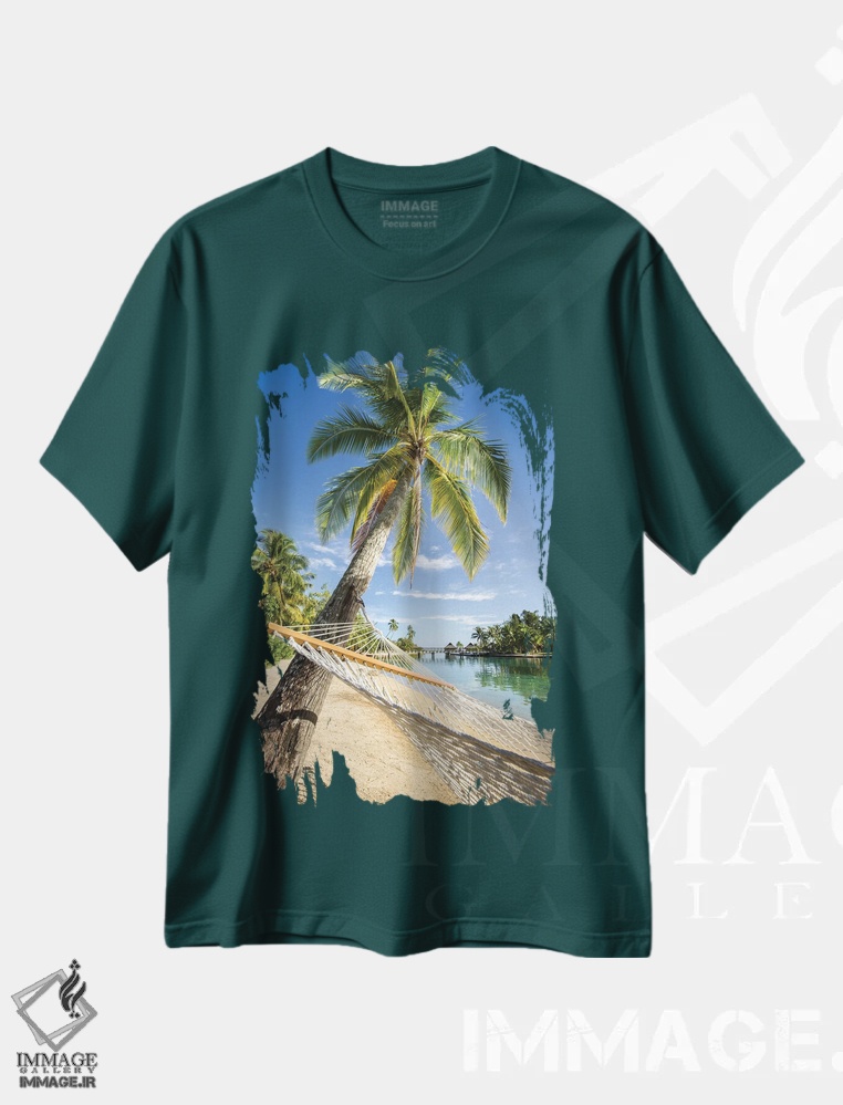 تیشرت سبز طرح دار French Polynesia,تعطیلات تابستانی در تخت آویز در جزیره گرمسیری، پلی نزی فرانسه اثر یان بکه