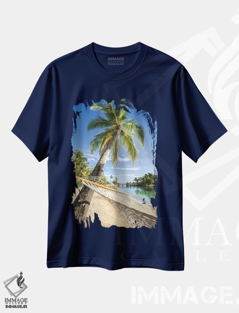 تیشرت سرمه ای طرح دار French Polynesia,تعطیلات تابستانی در تخت آویز در جزیره گرمسیری، پلی نزی فرانسه اثر یان بکه