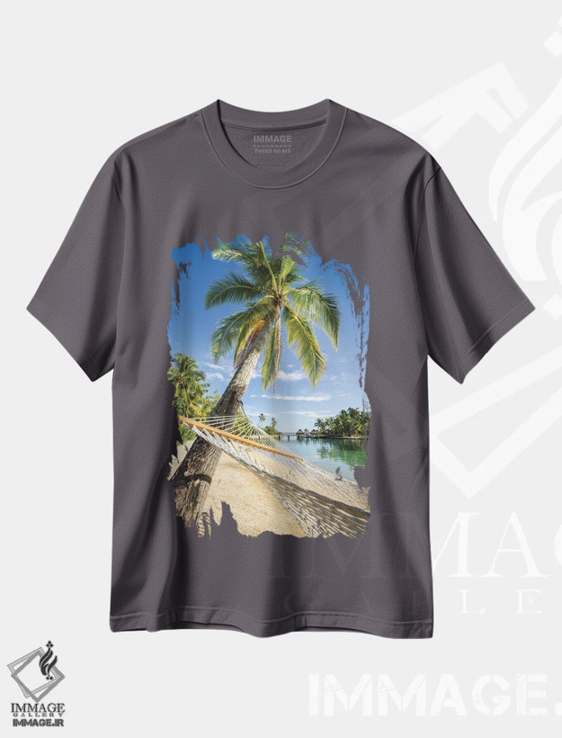 تیشرت طوسی طرح دار French Polynesia,تعطیلات تابستانی در تخت آویز در جزیره گرمسیری، پلی نزی فرانسه اثر یان بکه