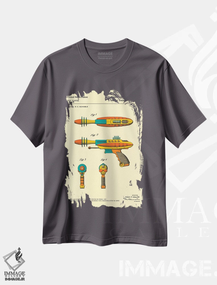 تیشرت طوسی طرح دار حق اختراع تپانچه اسباب بازی "پایروتومیک دیس اینتگریتور" جی. سی. شایبل اثر جازبری بلو